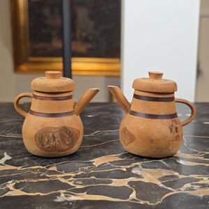 Vintage Wooden Teapot Salt & Pepper Shakers Peggy's Cove NS Souvenir Rustic Bark